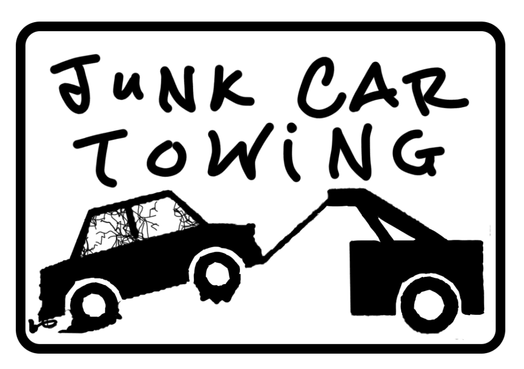 Illustration of a tow truck hauling a junk car with the words "junk car towing" above it.