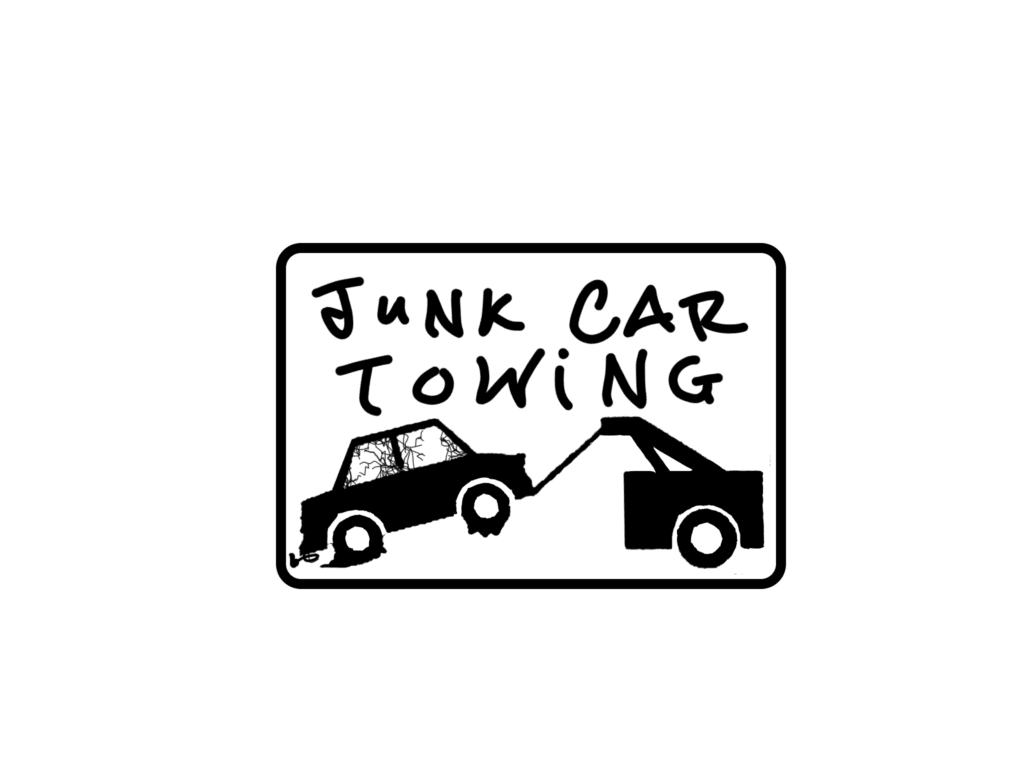 Illustration of a tow truck hauling a junk car with the text 'junk car towing'.